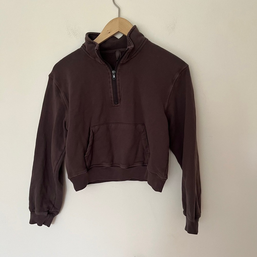 SKIMS Cotton Fleece Quarter Zip Cropped Sweatshirt Espresso Brown Small S